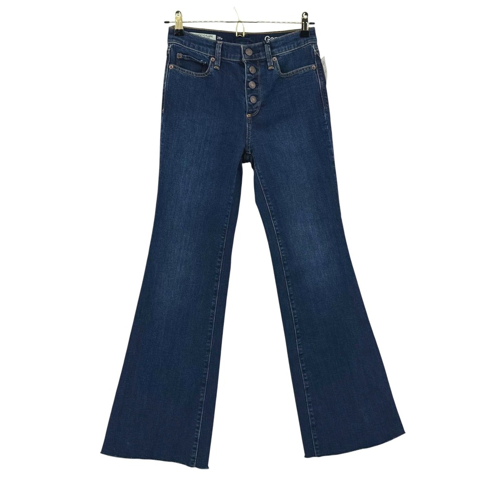Gap 1969 Authentic Flare High Rise Jeans Dark Wash Button Fly Raw Hem 26P NEW